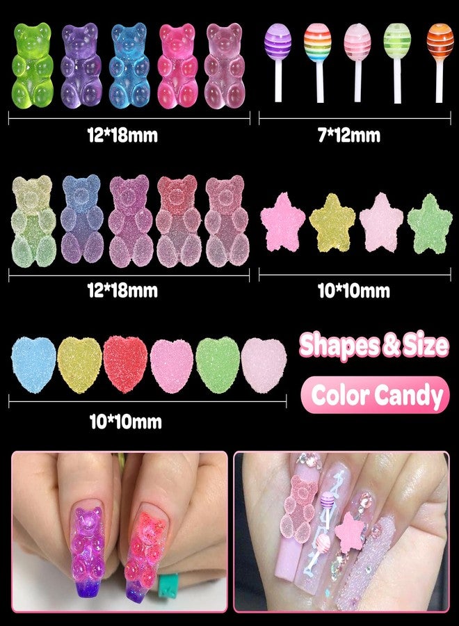 CESUSME 100 Pcs Candy Bear Nail Charms for Nail Design, 3D Mixed Color Cartoon Gummy Bear Lollipop Star Heart Acrylic Nail Art Decoration Charms for Cute Manicure DIY Crafts Accessories - Image 2